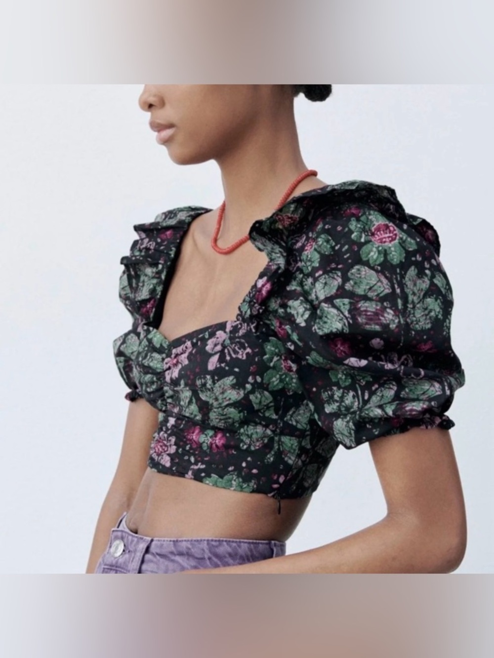 Zara milkmaid Black pink Floral Puff-Sleeve Crop Top with back smocking fairy S